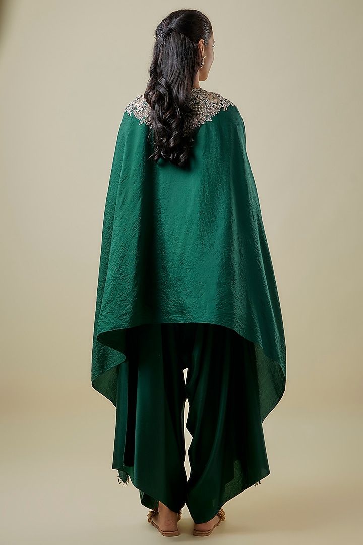 Bottle Green Crushed Silk Lampi Work Kaftan Set by Prisho at Pernia's Pop Up Shop