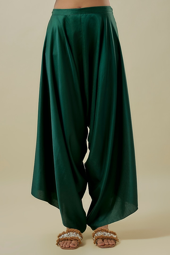 Bottle Green Crushed Silk Lampi Work Kaftan Set by Prisho at Pernia's Pop Up Shop