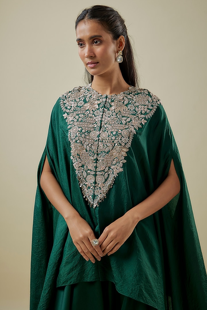 Bottle Green Crushed Silk Lampi Work Kaftan Set by Prisho at Pernia's Pop Up Shop