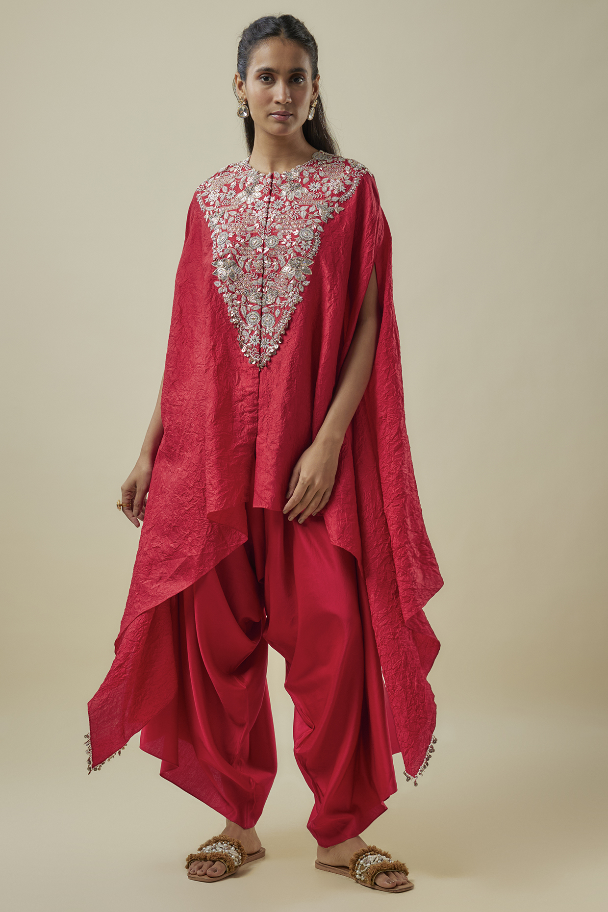 Red Crushed Silk Lampi Work Kaftan Set by Prisho at Pernia's Pop Up Shop