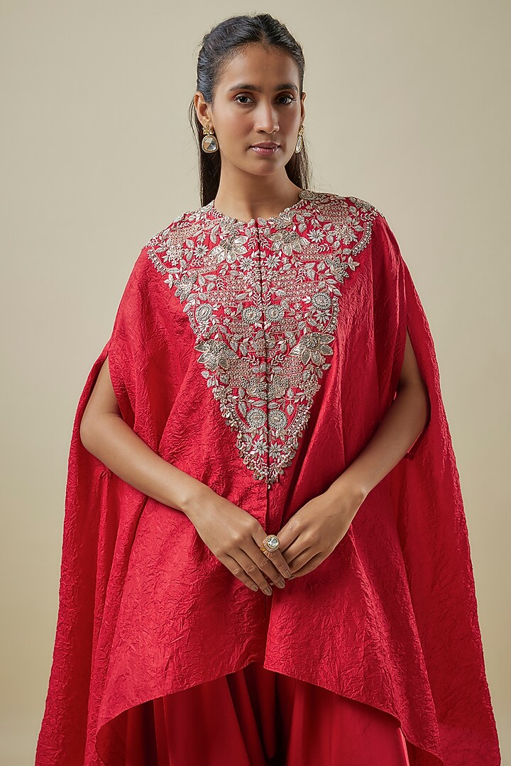 Red Crushed Silk Lampi Work Kaftan Set by Prisho at Pernia's Pop Up Shop