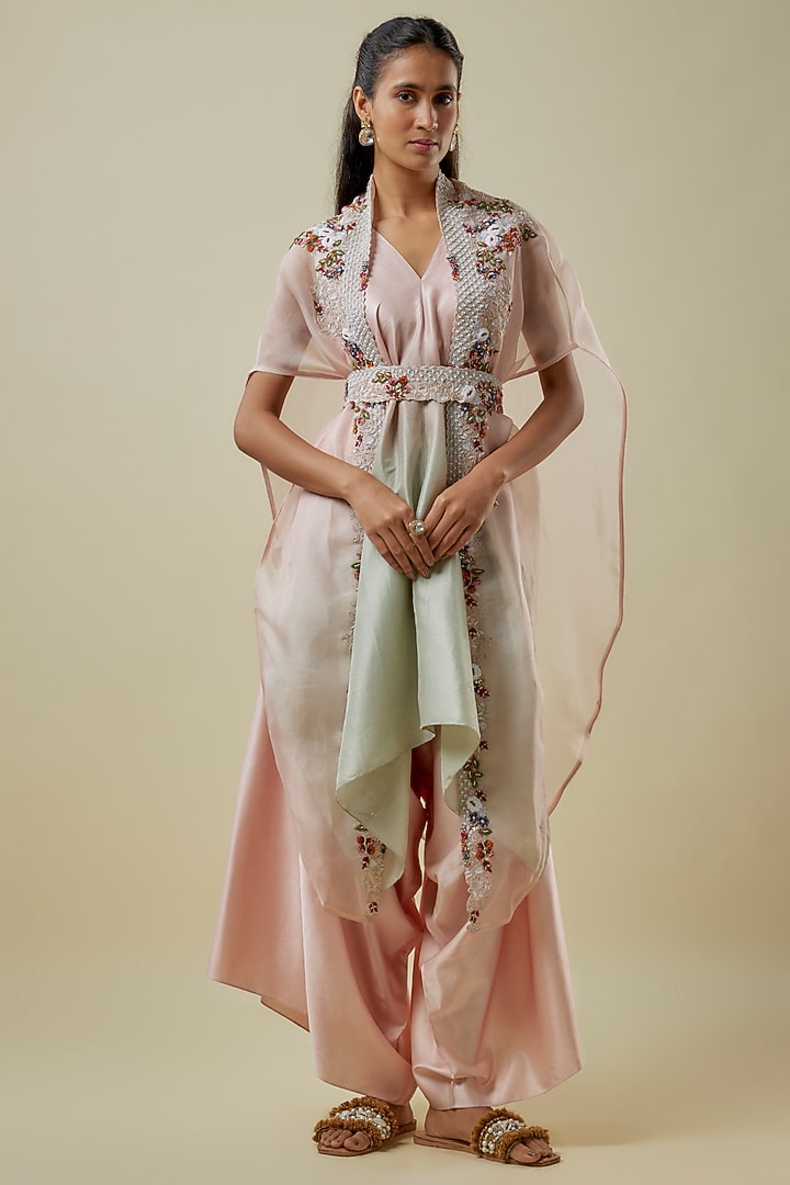 Flamingo Pink Organza Thread Work Cape Set by Prisho at Pernia's Pop Up Shop