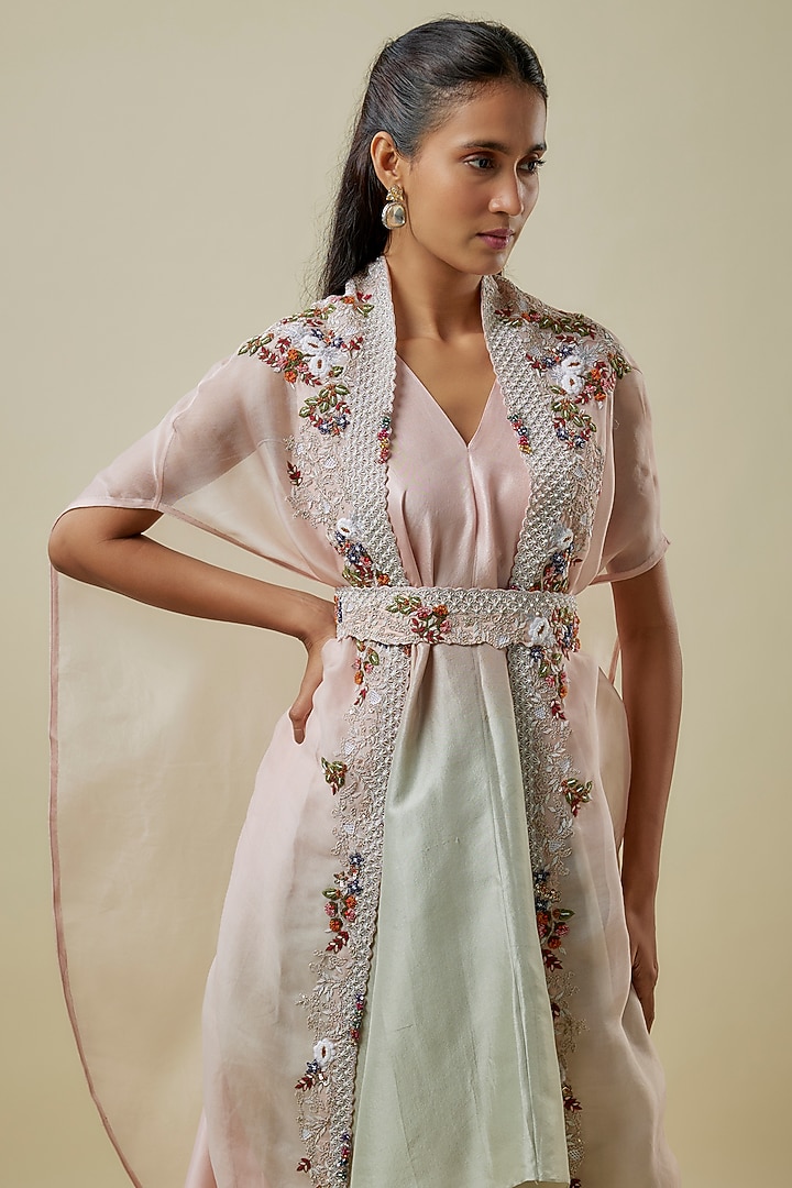 Flamingo Pink Organza Thread Work Cape Set by Prisho at Pernia's Pop Up Shop