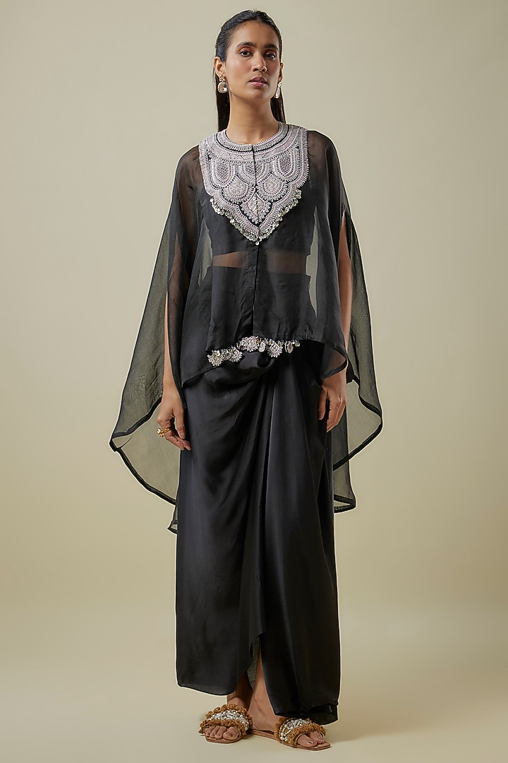 Black Organza Dori Work Umbrella Kaftan Set by Prisho at Pernia's Pop Up Shop
