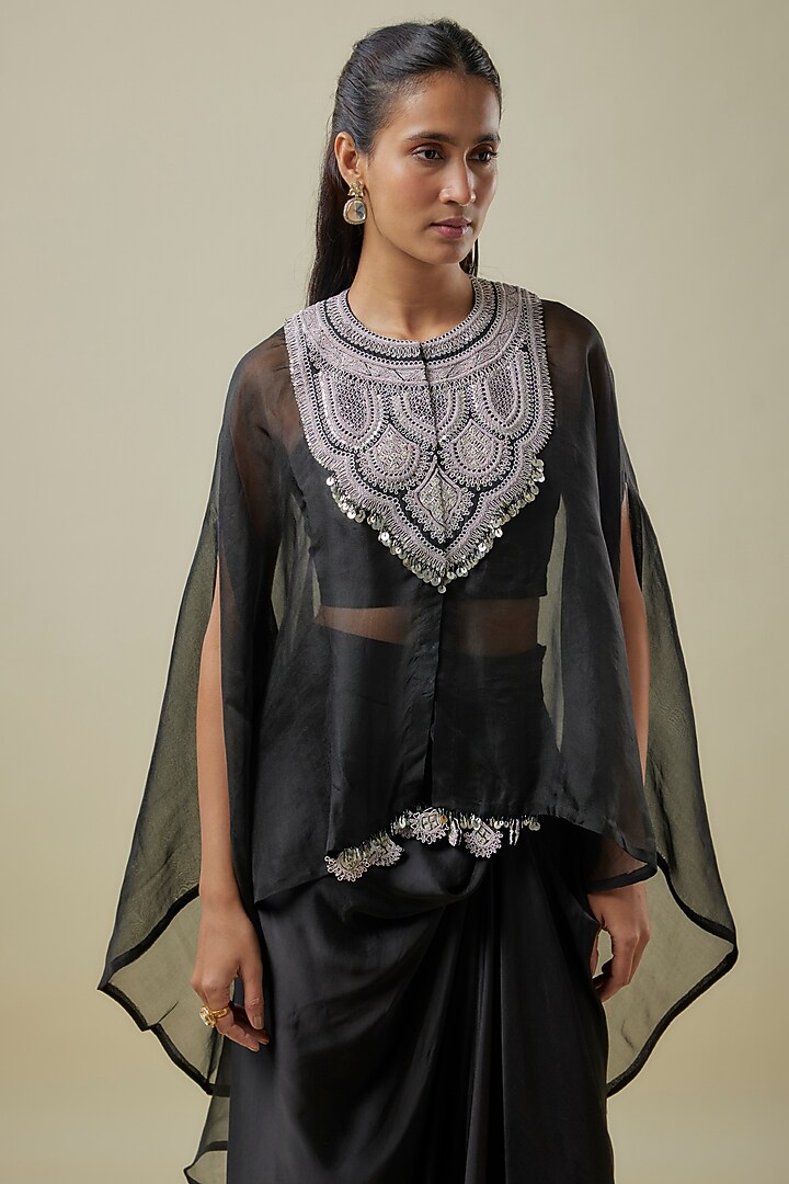 Black Organza Dori Work Umbrella Kaftan Set by Prisho at Pernia's Pop Up Shop