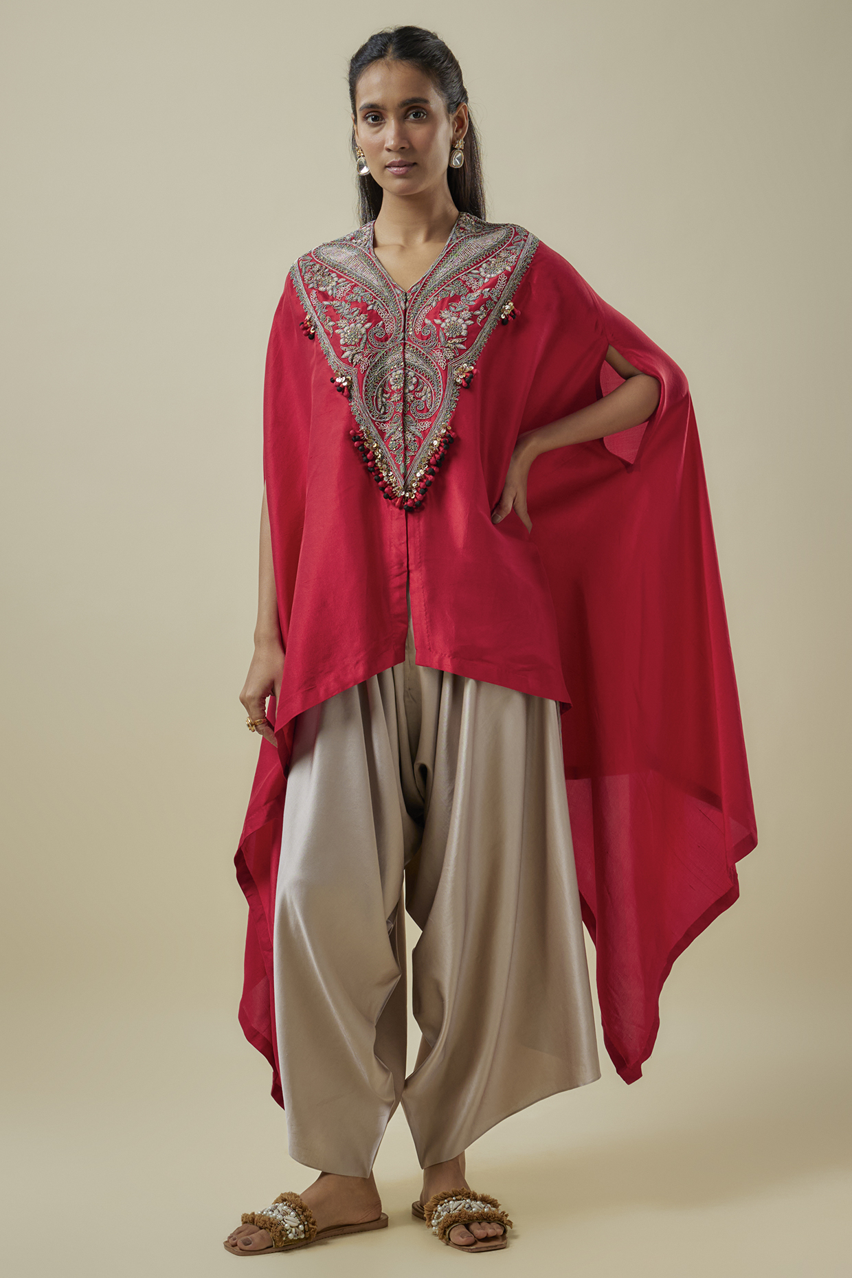 Red Silk Dori Work Kaftan Set by Prisho at Pernia's Pop Up Shop