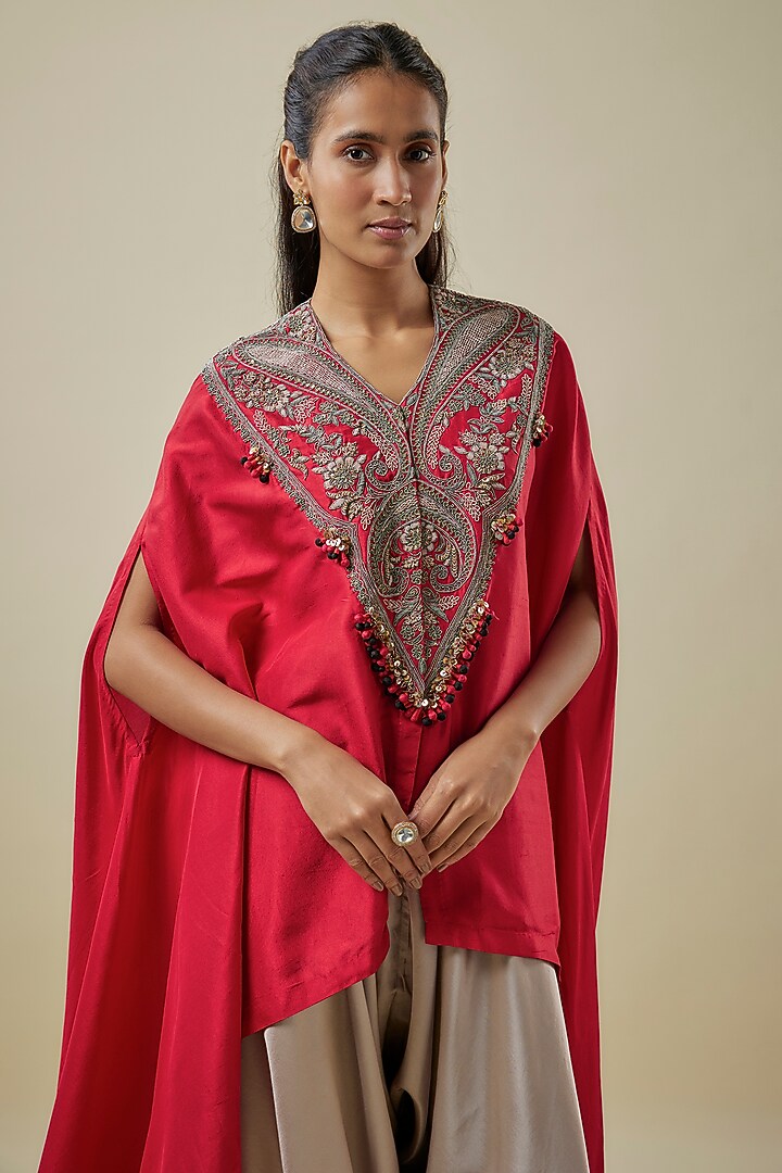 Red Silk Dori Work Kaftan Set by Prisho at Pernia's Pop Up Shop