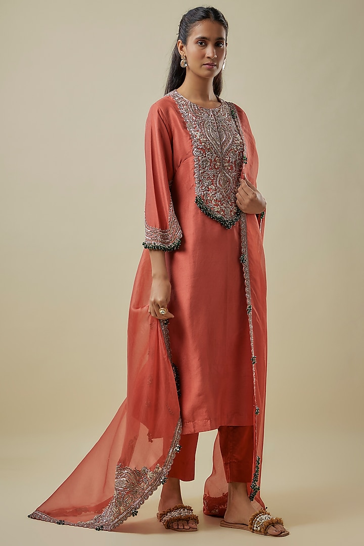 Deep Orange Silk Maal Work Kurta Set by Prisho at Pernia's Pop Up Shop