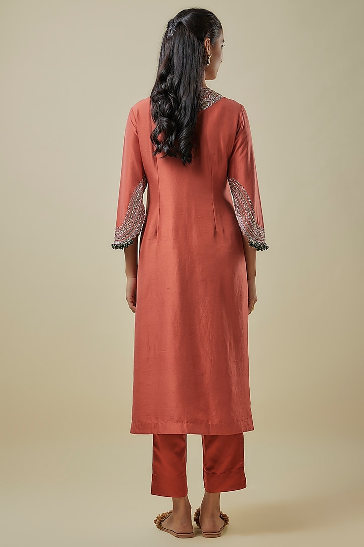 Deep Orange Silk Maal Work Kurta Set by Prisho at Pernia's Pop Up Shop