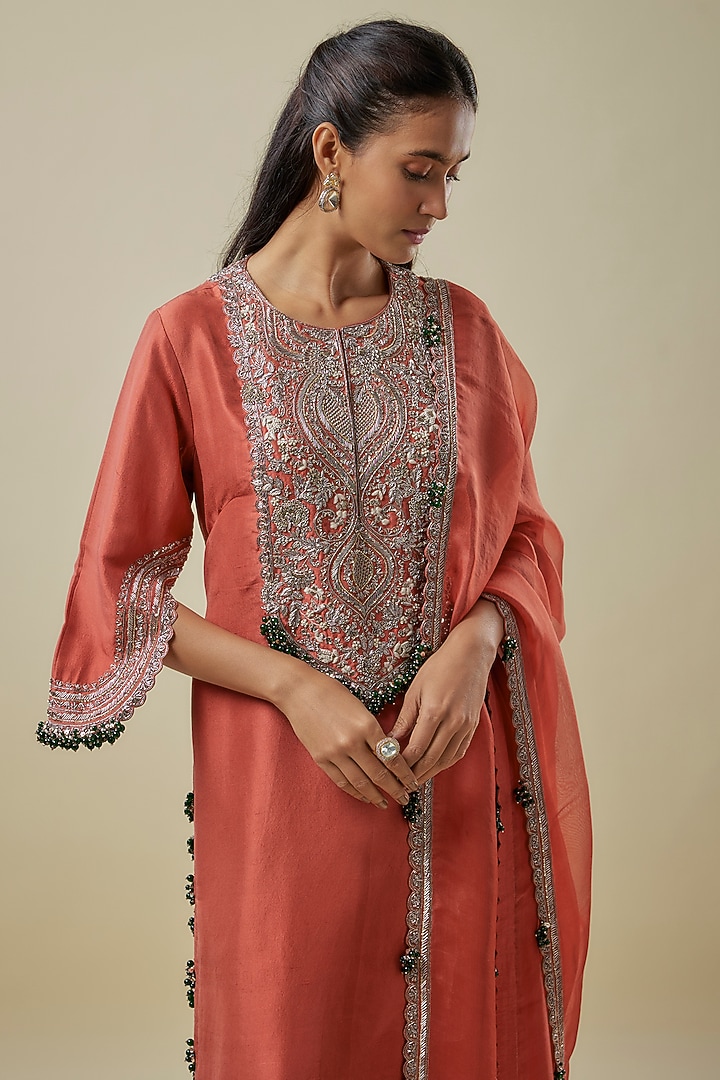Deep Orange Silk Maal Work Kurta Set by Prisho at Pernia's Pop Up Shop