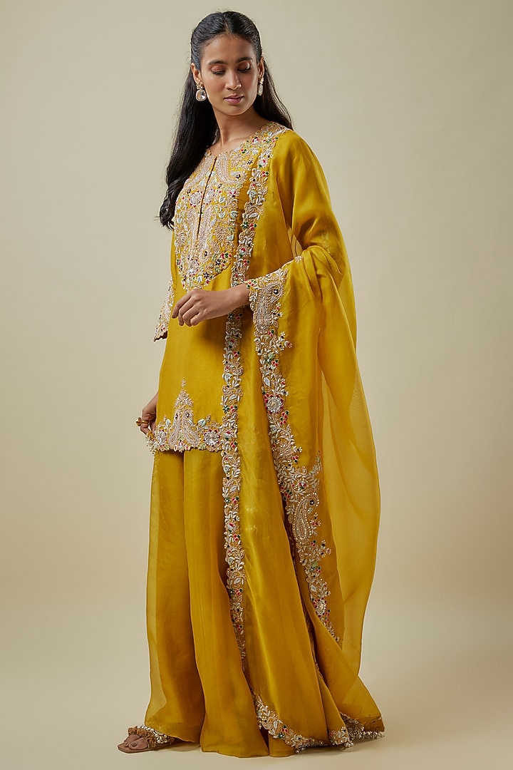 Mustard Silk Dori Work Wedding Sharara Set by Prisho at Pernia's Pop Up Shop