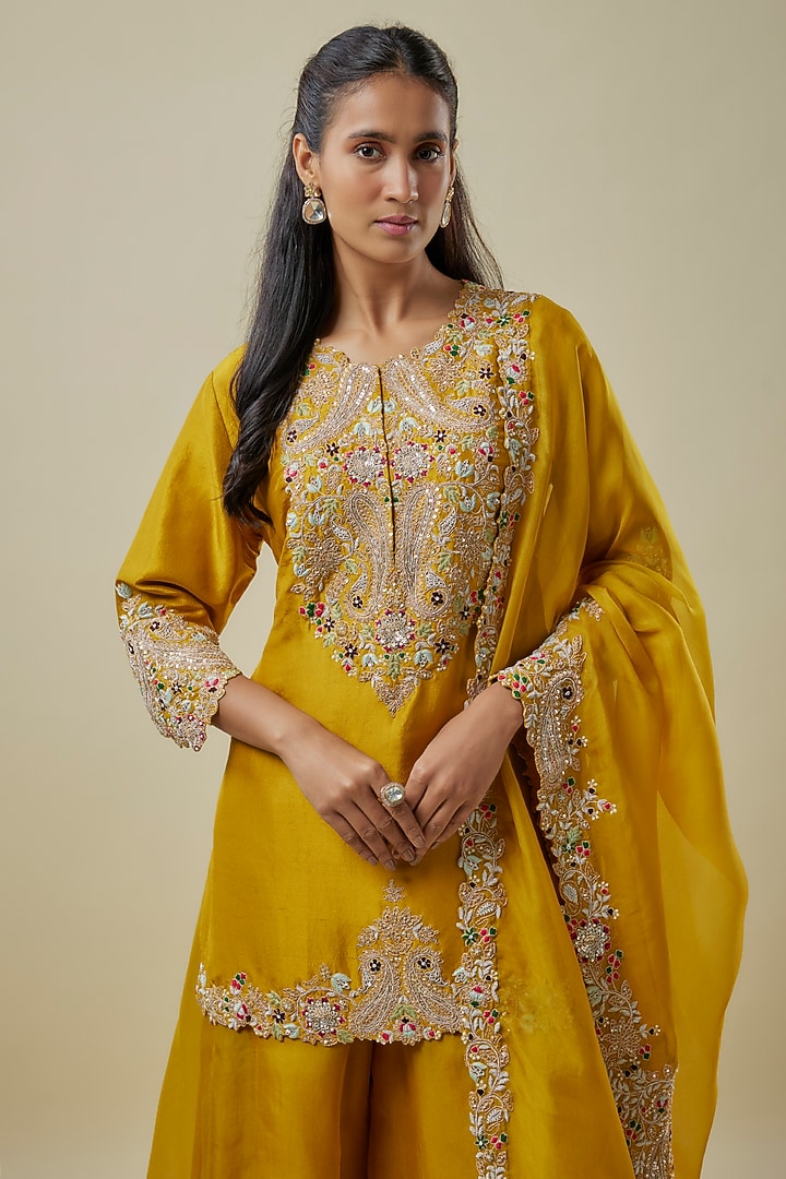 Mustard Silk Dori Work Wedding Sharara Set by Prisho at Pernia's Pop Up Shop