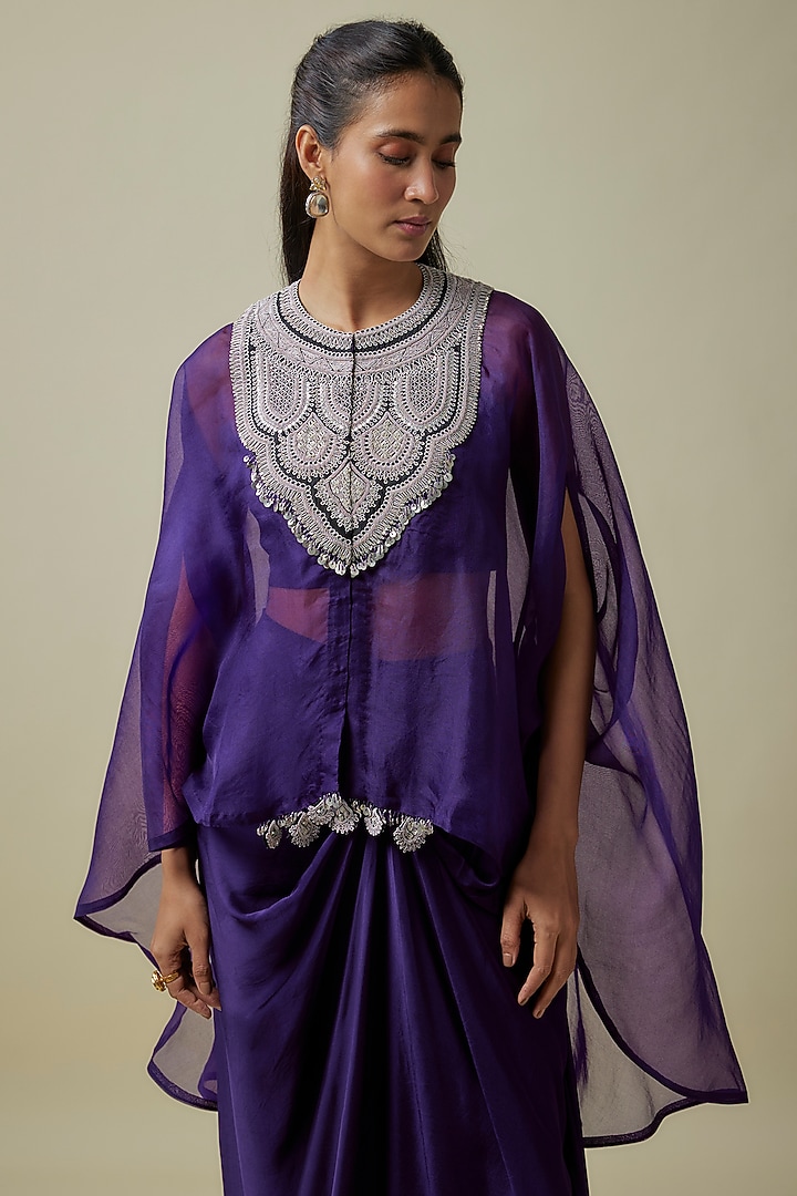 Purple Organza Resham Work Umbrella Kaftan Set by Prisho at Pernia's Pop Up Shop
