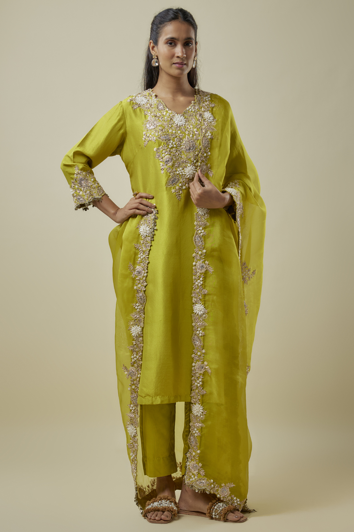 Lime Green Silk Resham Work Kurta Set by Prisho at Pernia's Pop Up Shop