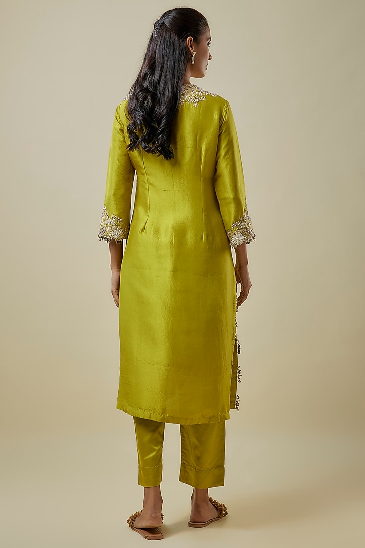 Lime Green Silk Resham Work Kurta Set by Prisho at Pernia's Pop Up Shop