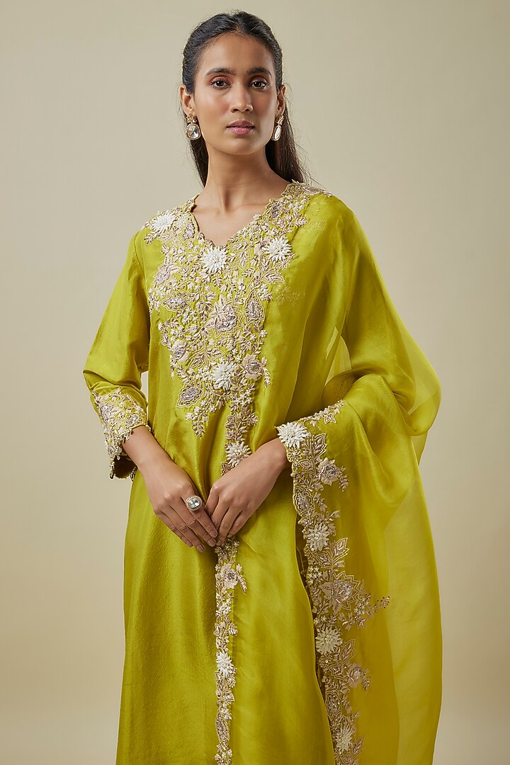 Lime Green Silk Resham Work Kurta Set by Prisho at Pernia's Pop Up Shop