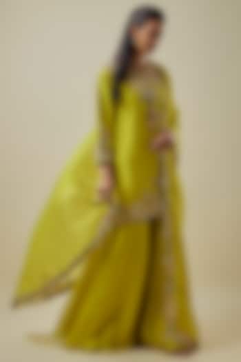 Lime Green Silk Dori Work Wedding Sharara Set by Prisho at Pernia's Pop Up Shop