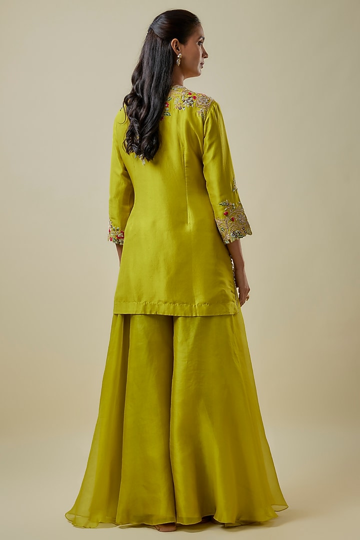 Lime Green Silk Dori Work Wedding Sharara Set by Prisho at Pernia's Pop Up Shop