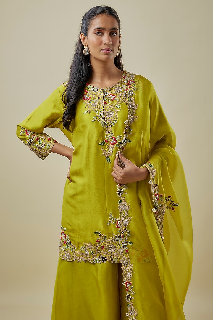 Lime Green Silk Dori Work Wedding Sharara Set by Prisho at Pernia's Pop Up Shop