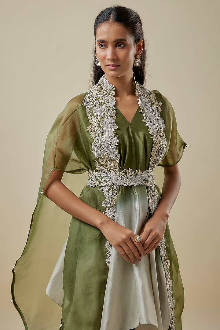 Green Organza Resham Work Cape Set by Prisho at Pernia's Pop Up Shop