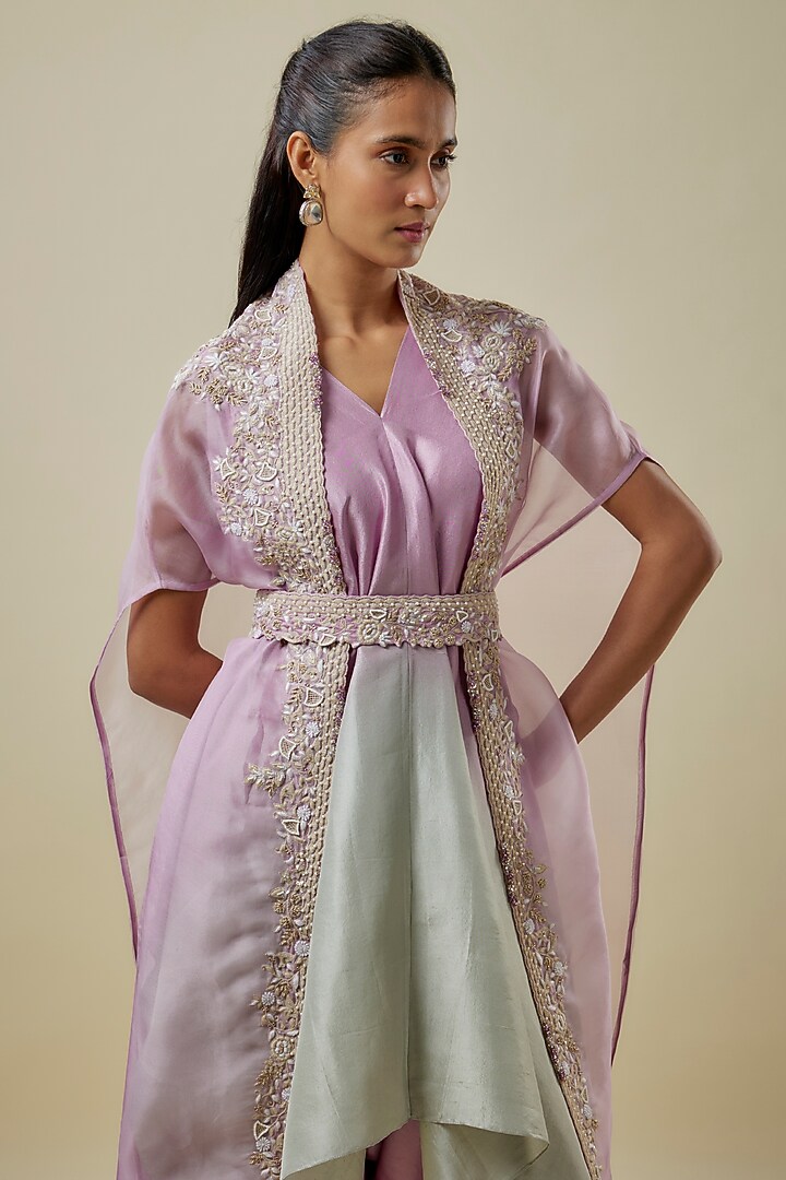 Lilac Organza Resham Work Cape Set by Prisho at Pernia's Pop Up Shop