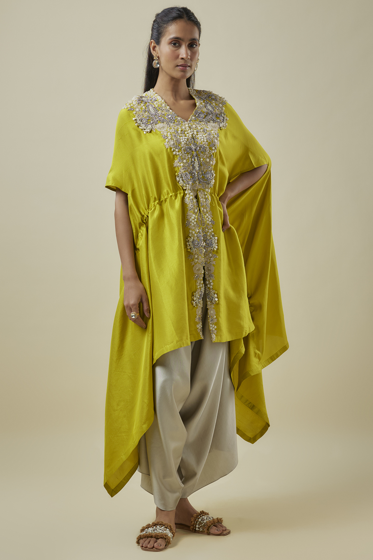 Lime Green  Silk Resham Work Kaftan Set by Prisho at Pernia's Pop Up Shop