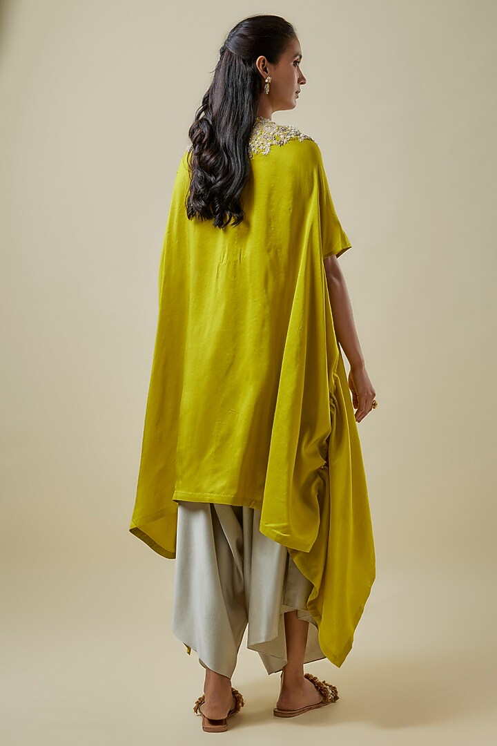 Lime Green Silk Resham Work Kaftan Set by Prisho at Pernia's Pop Up Shop