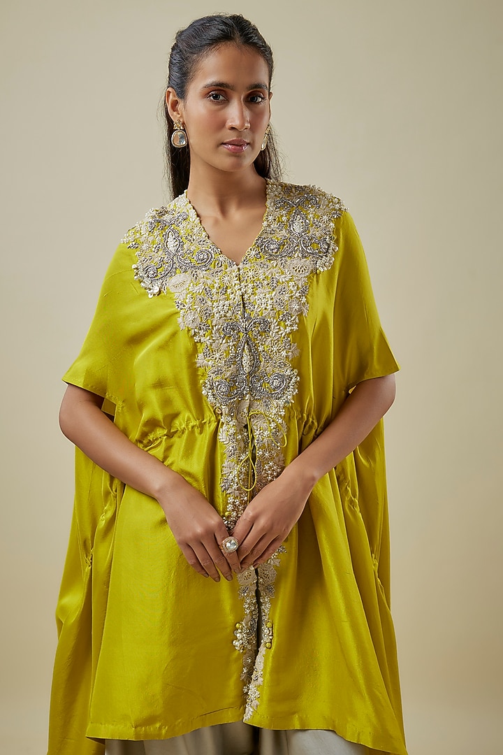 Lime Green Silk Resham Work Kaftan Set by Prisho at Pernia's Pop Up Shop