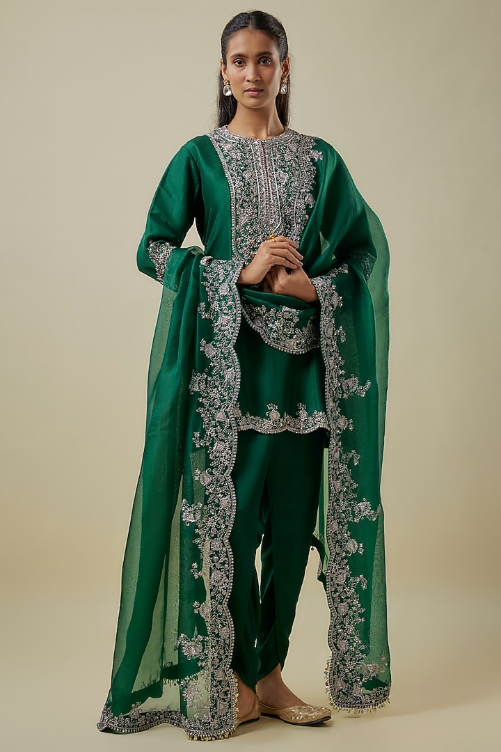 Bottle Green Silk Zari Work Kurta Set by Prisho at Pernia's Pop Up Shop