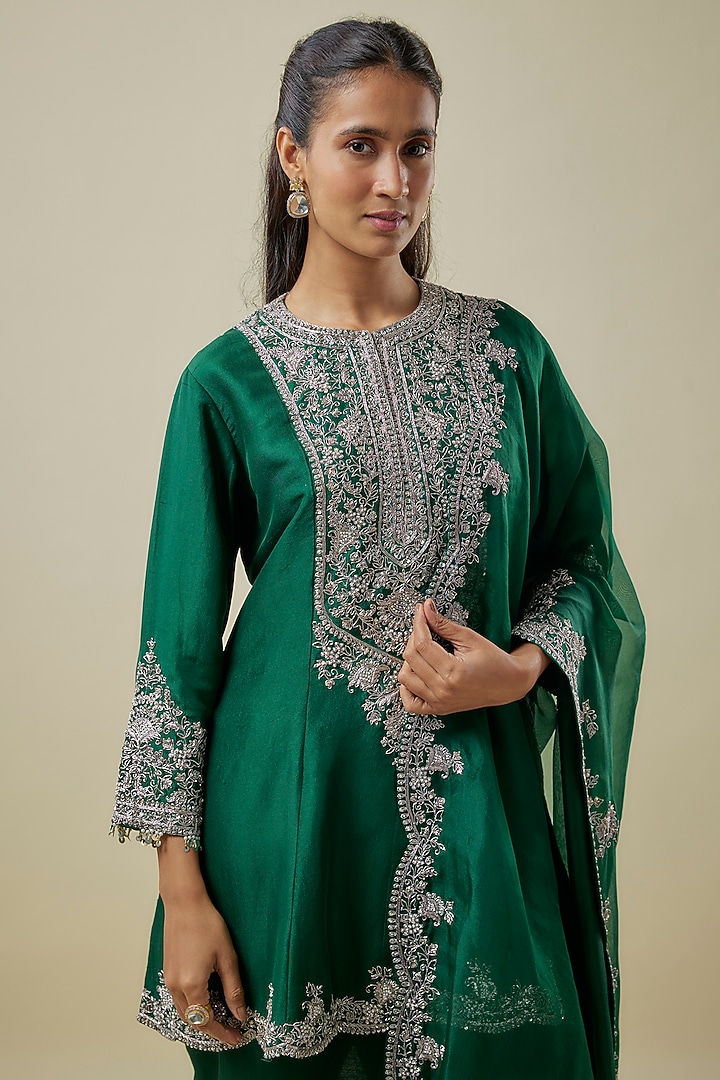 Bottle Green Silk Zari Work Kurta Set by Prisho at Pernia's Pop Up Shop