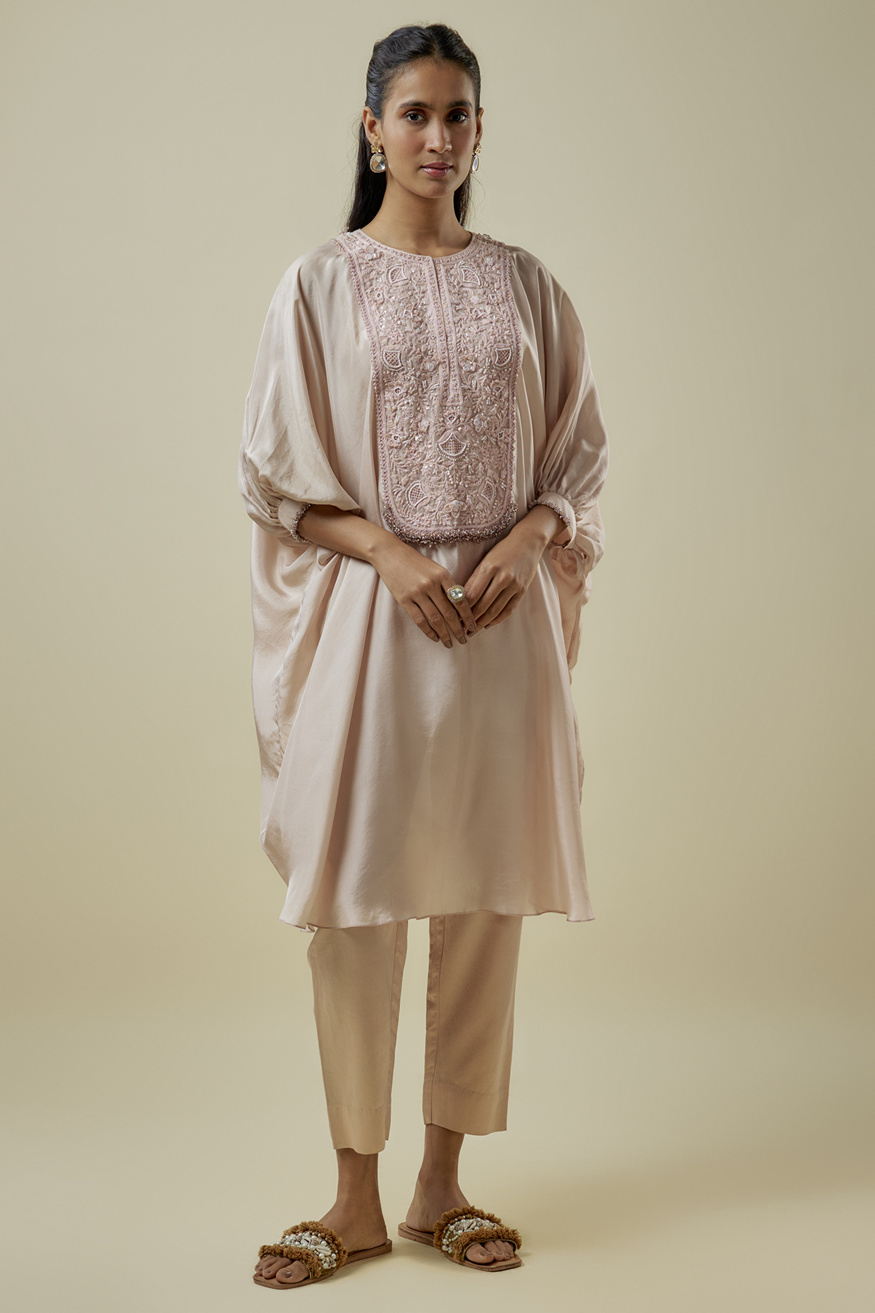 Flamingo Habutai Silk Resham Work Kaftan Set by Prisho at Pernia's Pop Up Shop