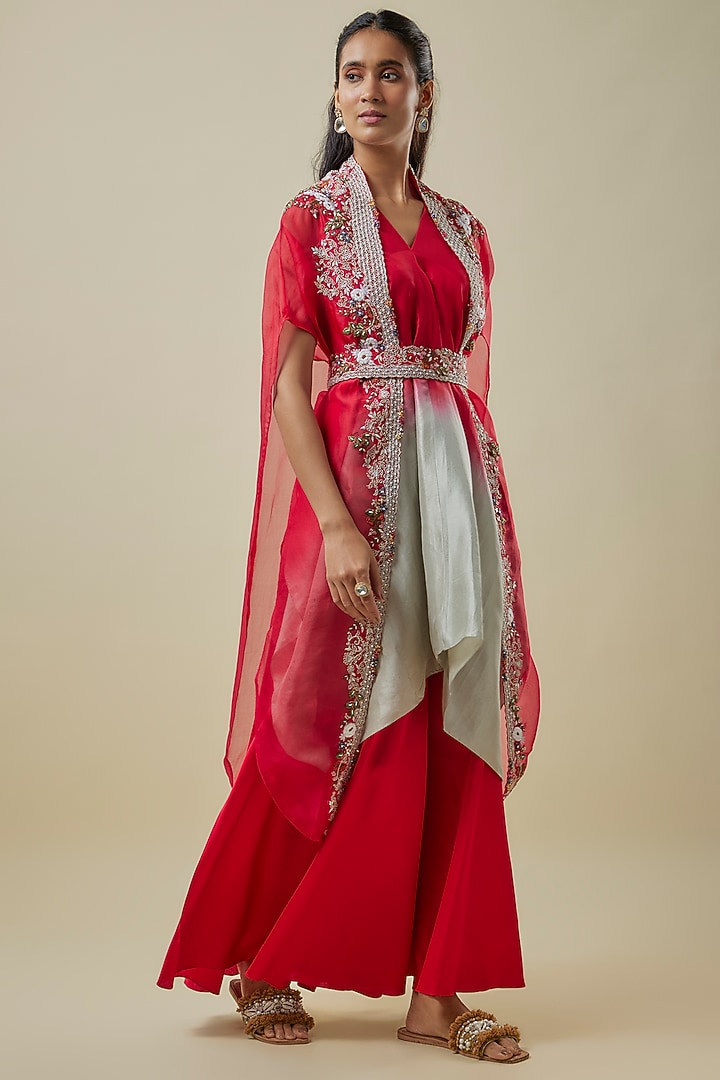 Red Organza Thread Work Cape Set by Prisho at Pernia's Pop Up Shop