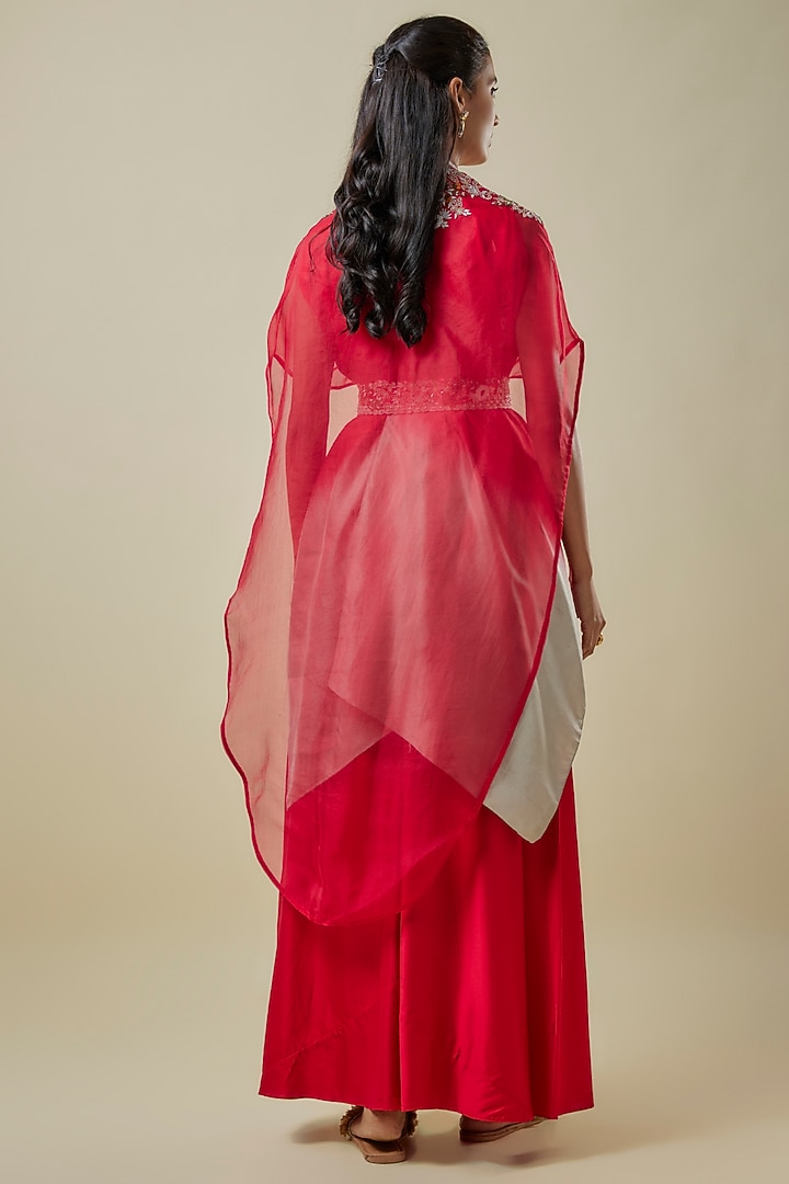 Red Organza Thread Work Cape Set by Prisho at Pernia's Pop Up Shop