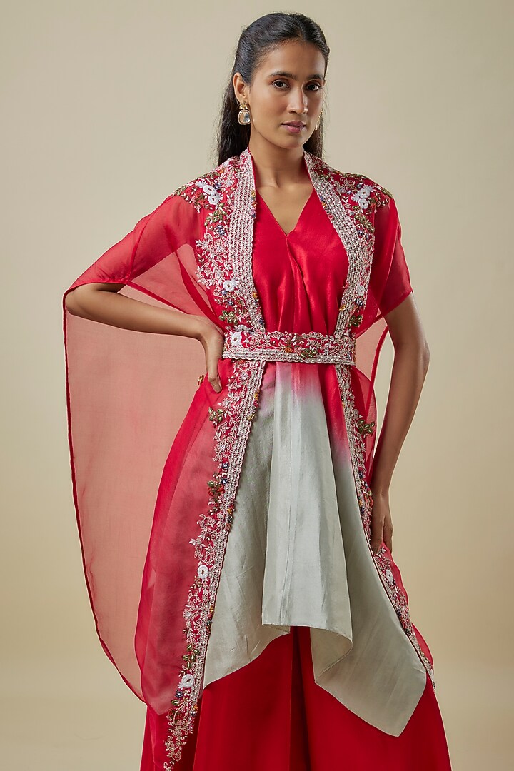Red Organza Thread Work Cape Set by Prisho at Pernia's Pop Up Shop