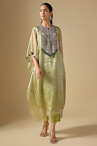 Sea Green Crushed Tissue Maal Work Kaftan Set by Prisho