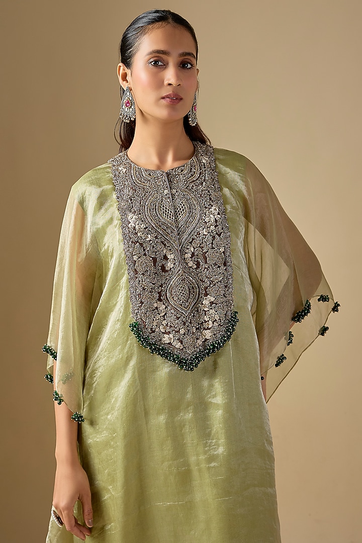 Sea Green Crushed Tissue Maal Work Kaftan Set by Prisho at Pernia's Pop Up Shop