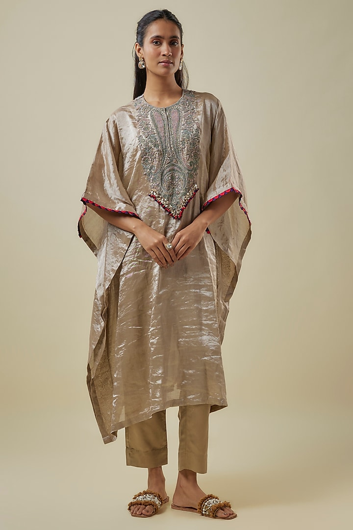 Champagne Tissue Dori Work Kaftan Set by Prisho at Pernia's Pop Up Shop