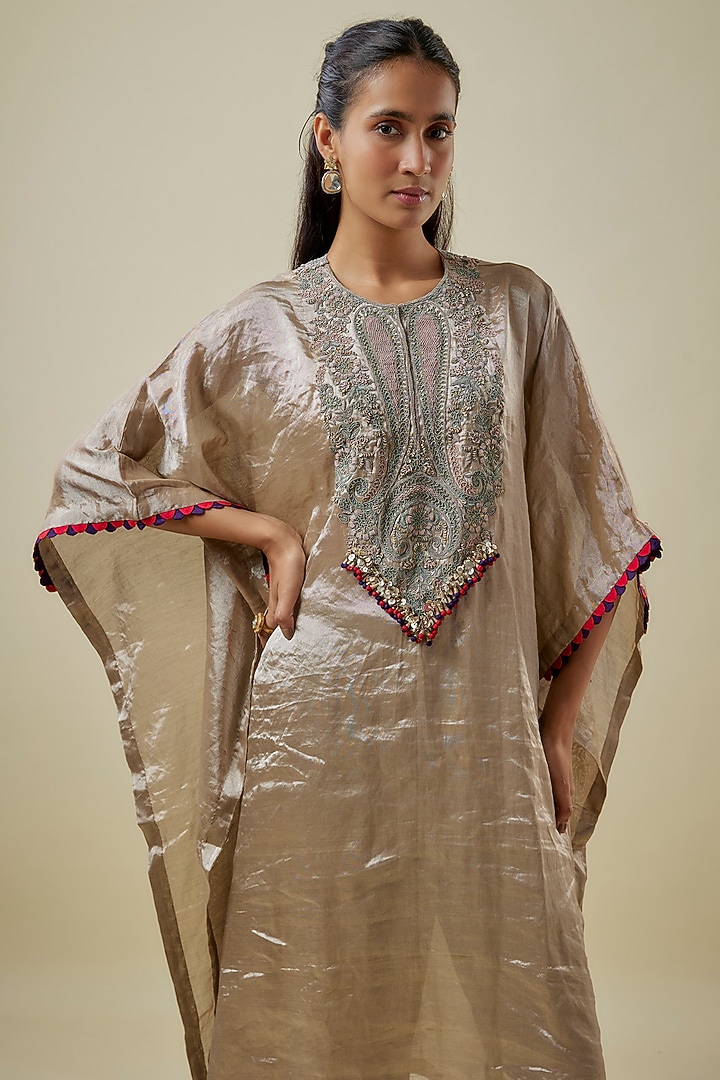 Champagne Tissue Dori Work Kaftan Set by Prisho at Pernia's Pop Up Shop