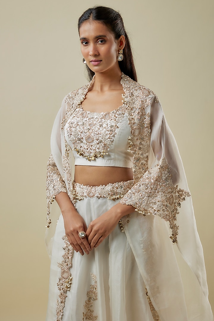 Ivory Organza Resham Work Kalidar Skirt Set by Prisho at Pernia's Pop Up Shop
