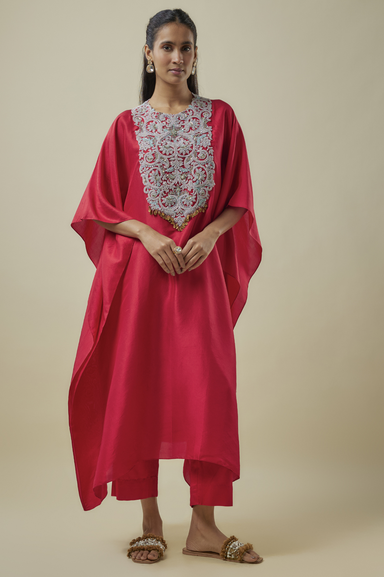 Red Silk Dori Work Kaftan Set by Prisho at Pernia's Pop Up Shop