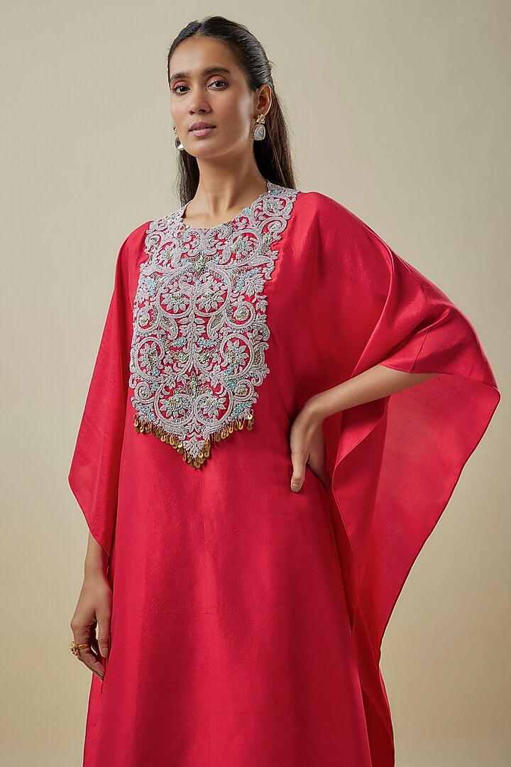Red Silk Dori Work Kaftan Set by Prisho at Pernia's Pop Up Shop