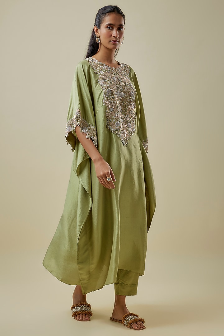 Sea Green Silk Zari Work Kaftan Set by Prisho at Pernia's Pop Up Shop