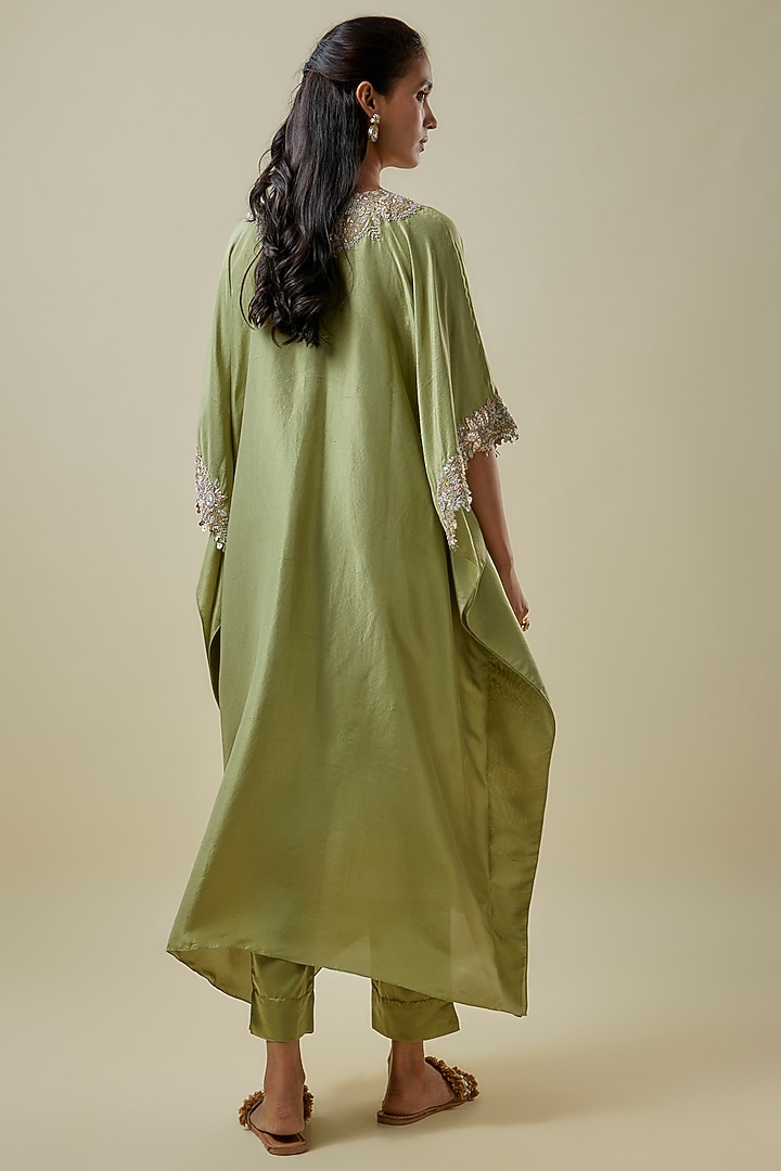Sea Green Silk Zari Work Kaftan Set by Prisho at Pernia's Pop Up Shop