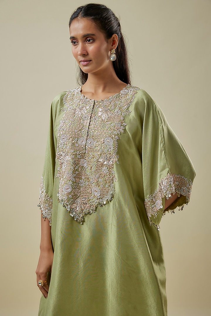 Sea Green Silk Zari Work Kaftan Set by Prisho at Pernia's Pop Up Shop