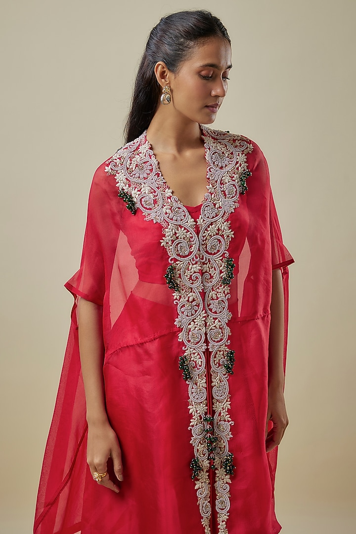 Red Organza Dori Work Kaftan Set by Prisho at Pernia's Pop Up Shop