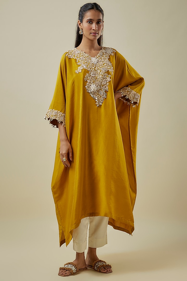 Mustard Silk Resham Work Kaftan Set by Prisho at Pernia's Pop Up Shop