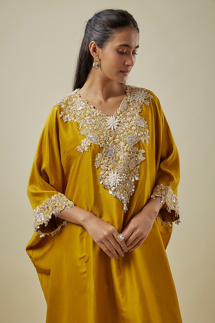 Mustard Silk Resham Work Kaftan Set by Prisho at Pernia's Pop Up Shop