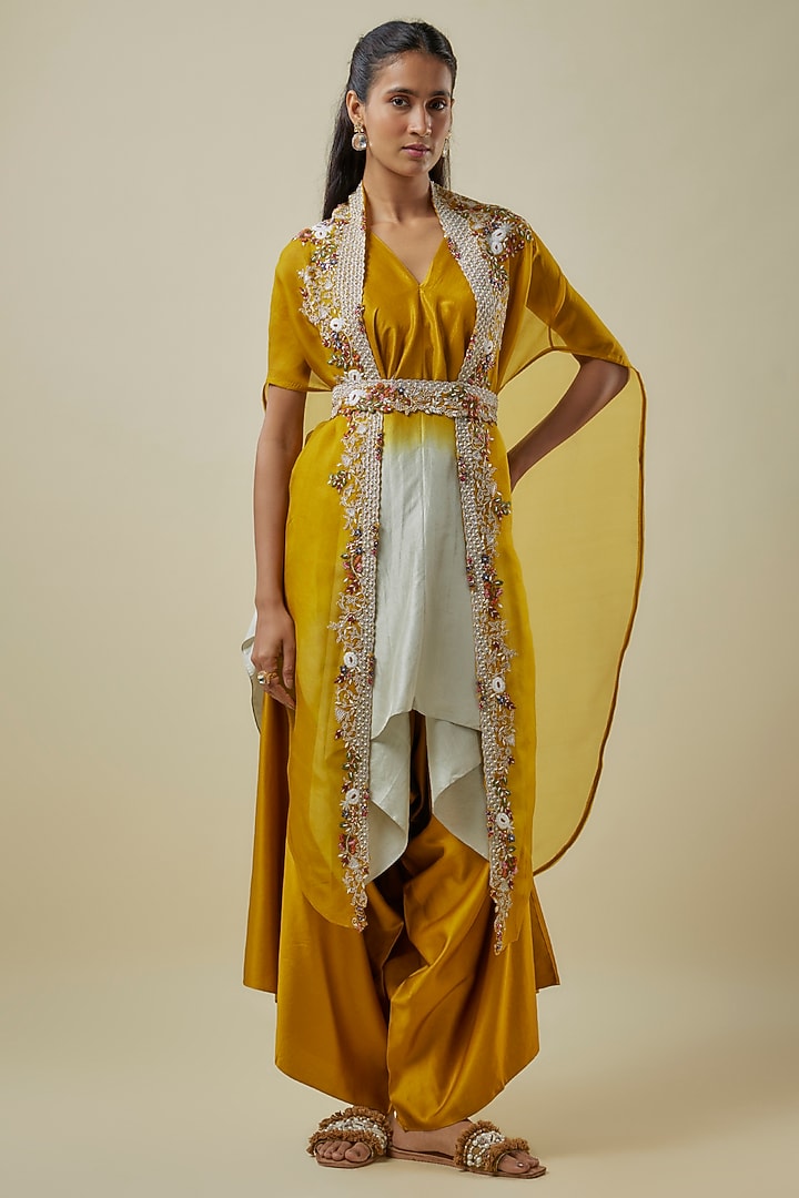 Mustard Organza Thread Work Cape Set by Prisho at Pernia's Pop Up Shop