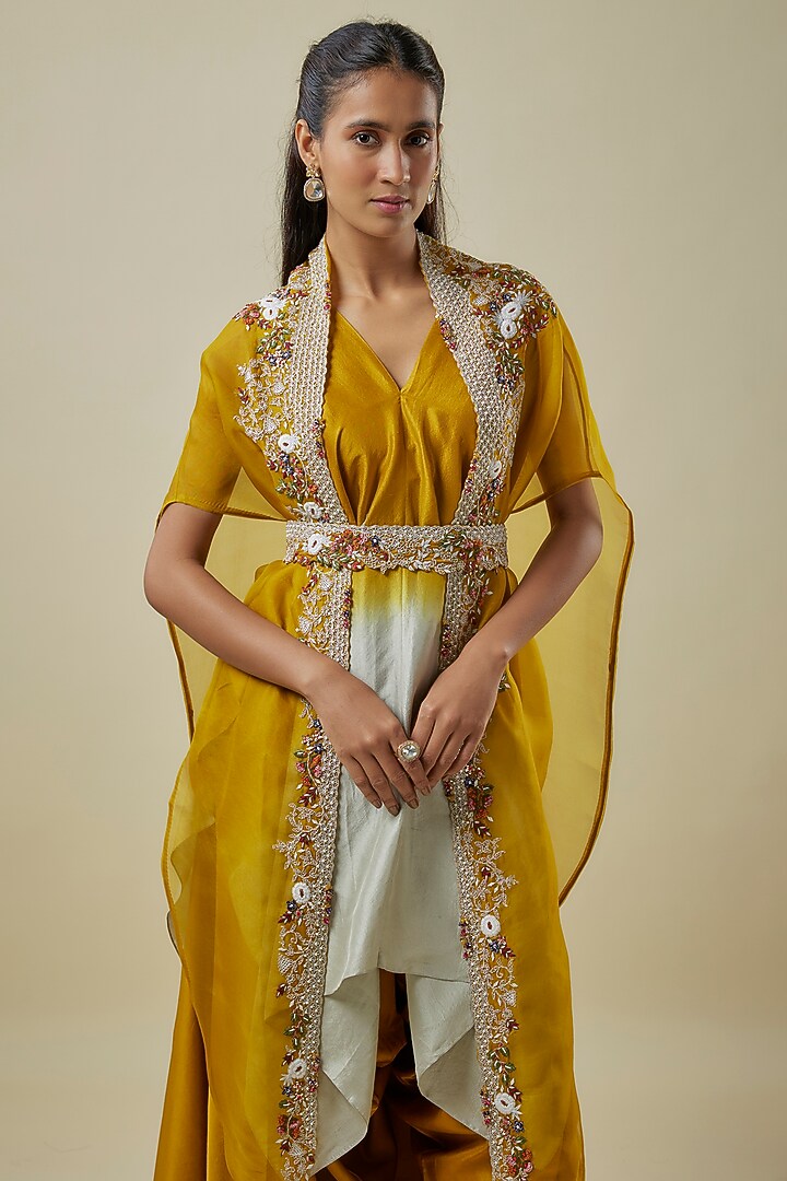 Mustard Organza Thread Work Cape Set by Prisho at Pernia's Pop Up Shop