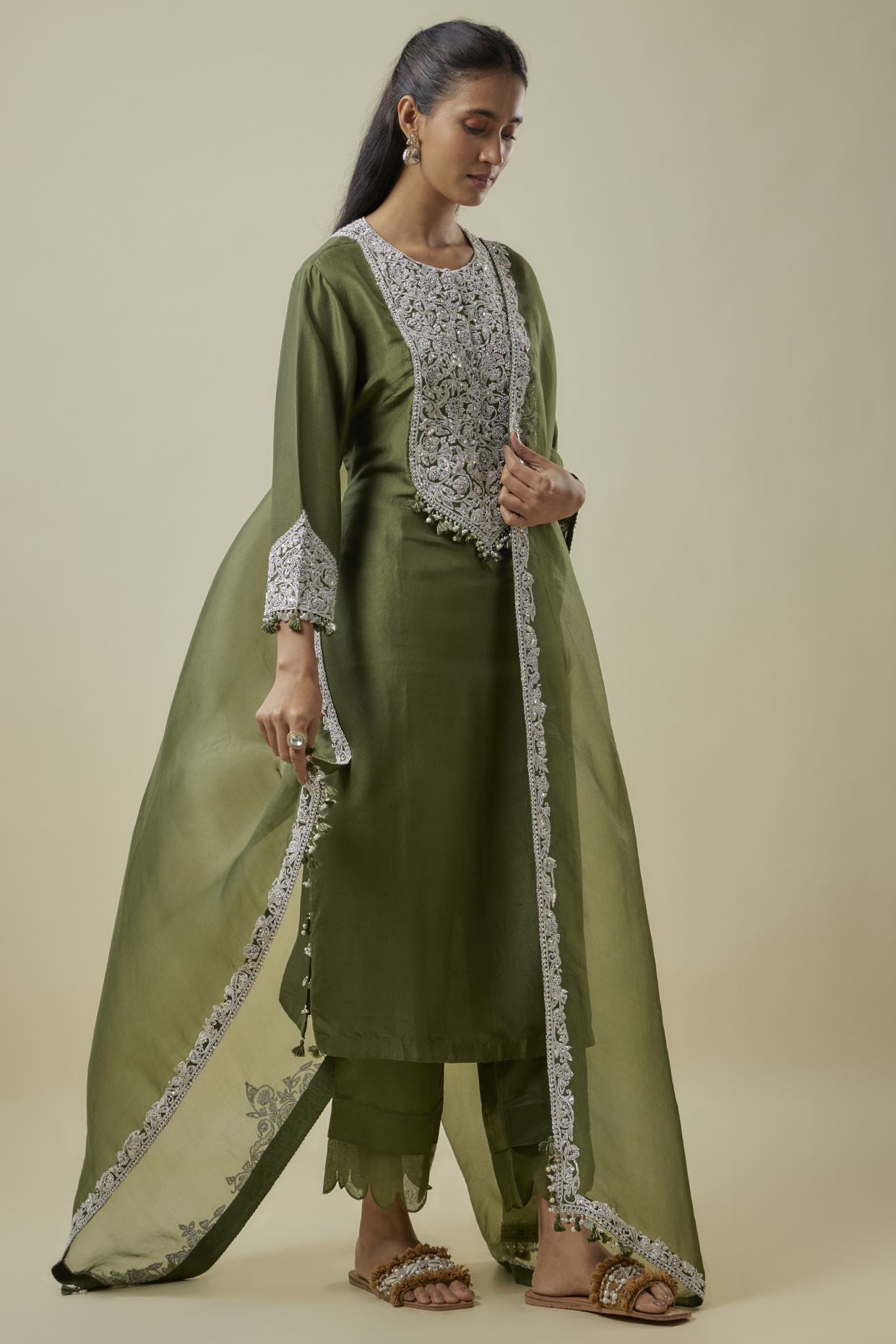 Green Silk Pitta & Zari Work Kurta Set by Prisho at Pernia's Pop Up Shop